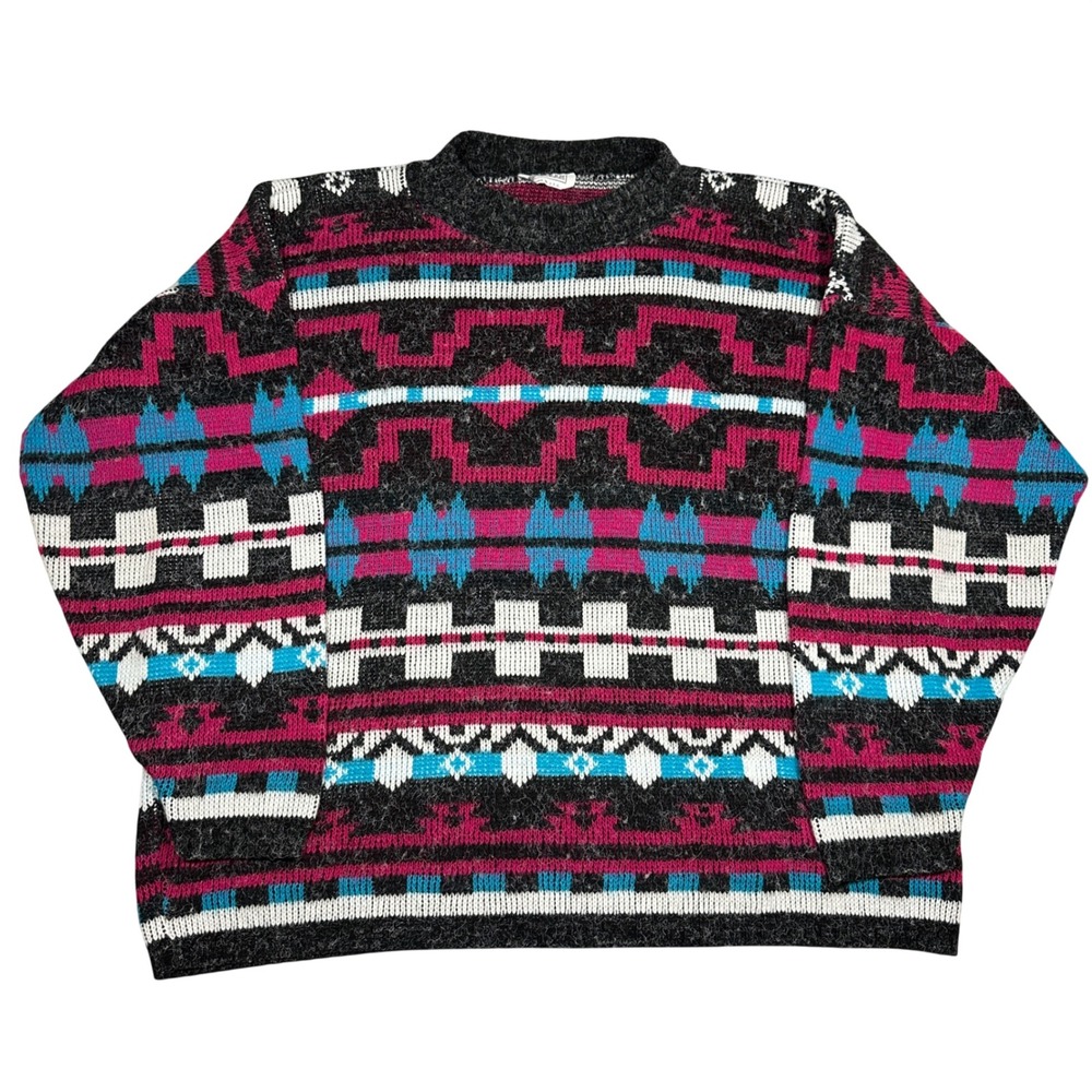Vintage Arielle Southwestern Geometric Knit Sweater Womens Black Pink Teal USA